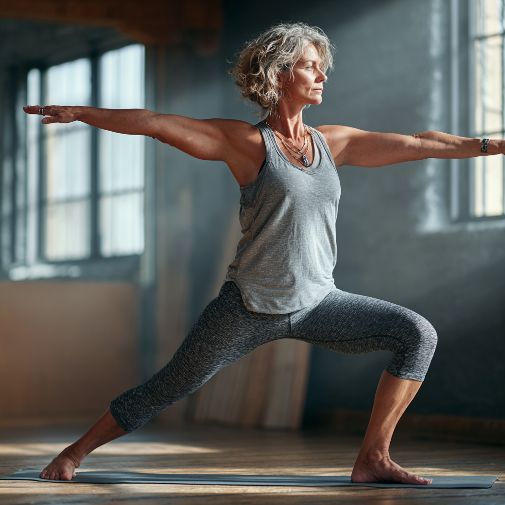Mature woman in her 50s practicing yoga warrior pose in a peaceful studio environment, demonstrating strength and balance