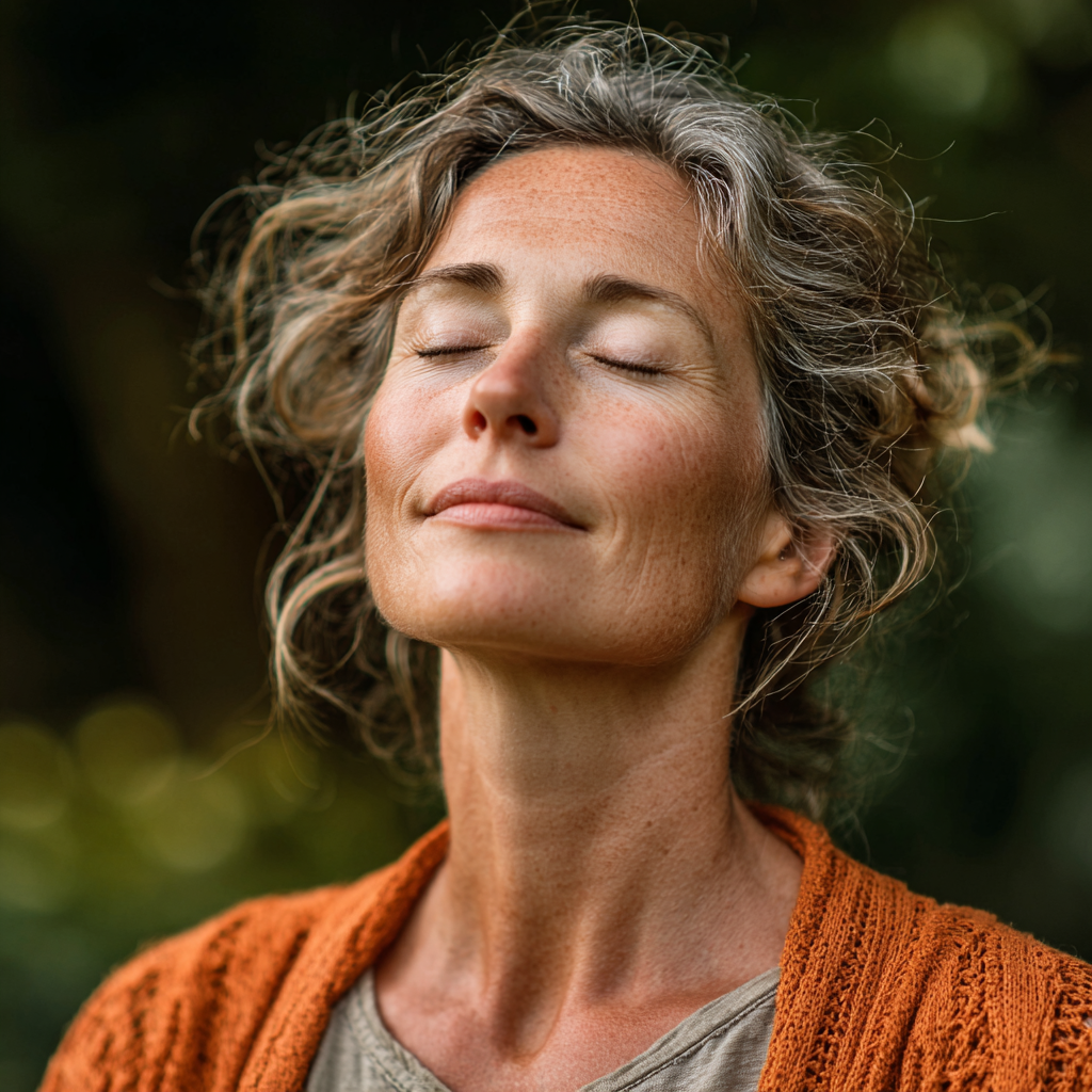 Peaceful middle-aged woman in her 40s practicing yoga meditation in a serene outdoor setting, demonstrating mindfulness and spiritual connection