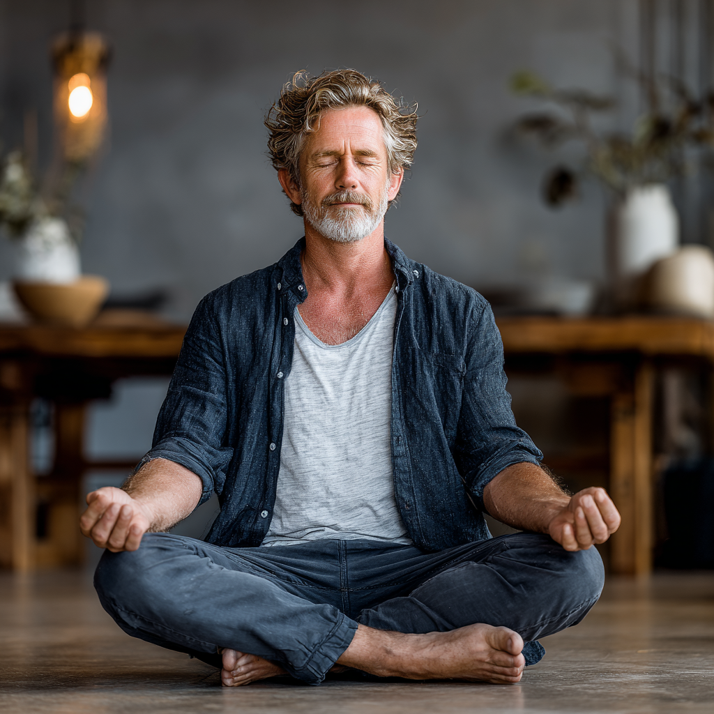 Serene middle-aged man in his 40s sitting in lotus meditation pose in a peaceful yoga studio, demonstrating inner calm and mindfulness